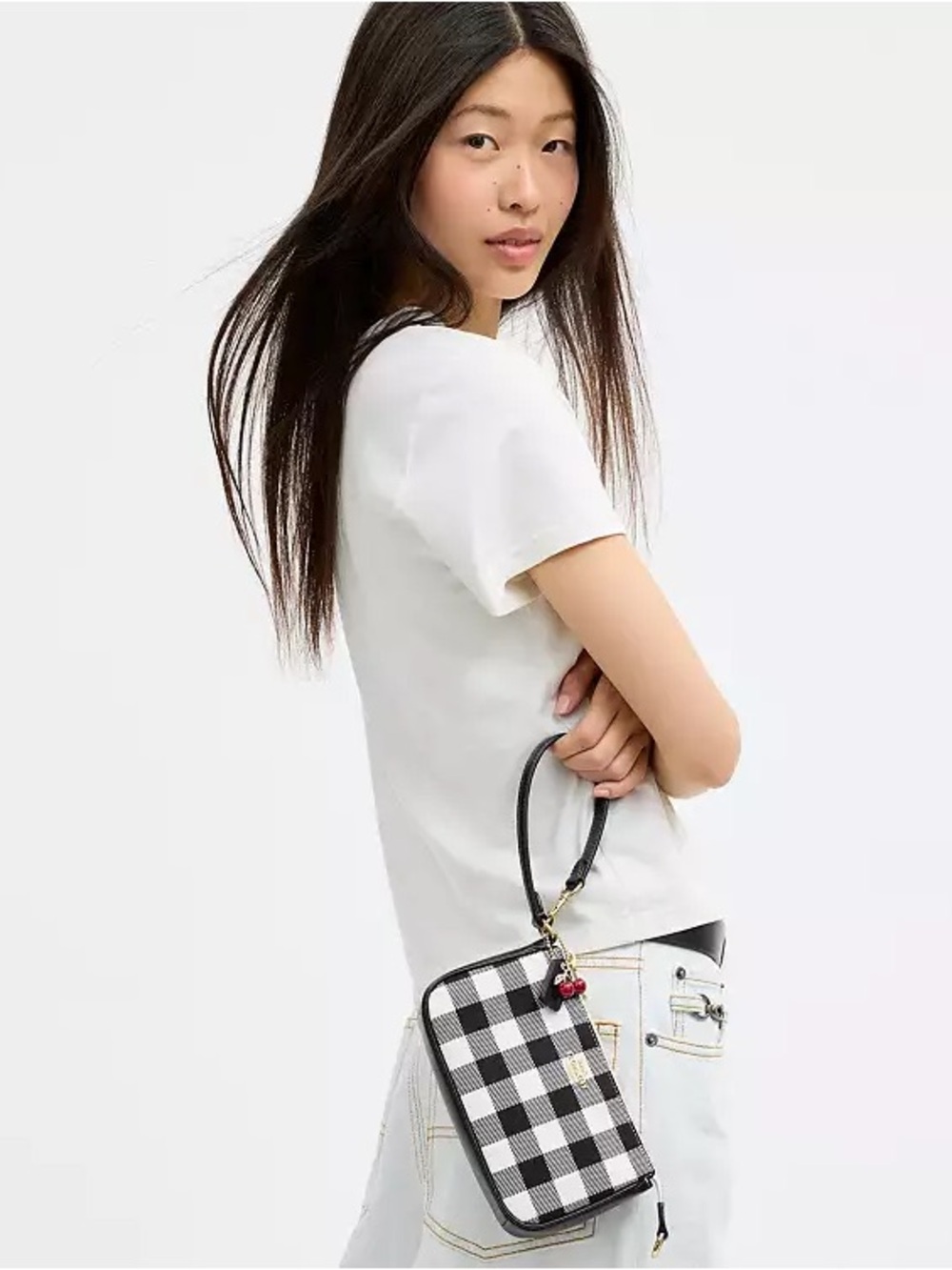 New Coach Black and White Gingham Nolita 19 Bag with Cherry Charm - Picture 3 of 10